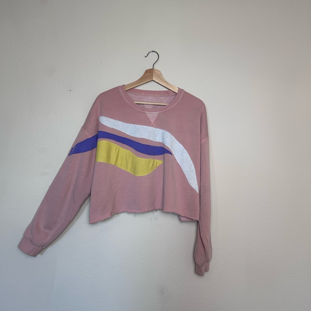 Womens Marine Layer Cropped Pink Sweatshirt Size M Casual Colorful Wavy Upcycled